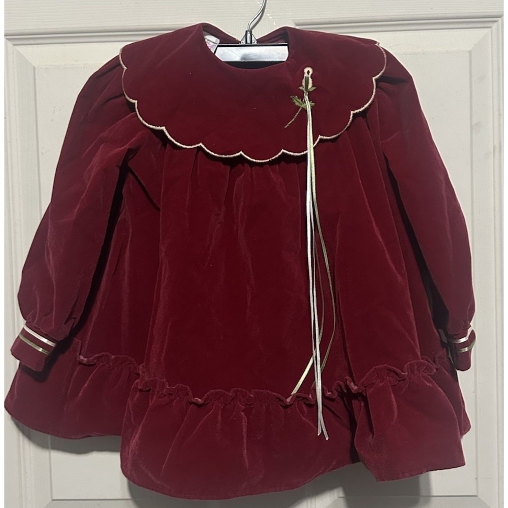 JC Penney Vtg  Girl's 4T Deep Red/Burgundy Dress Peter Pan Collar White/ Gold T